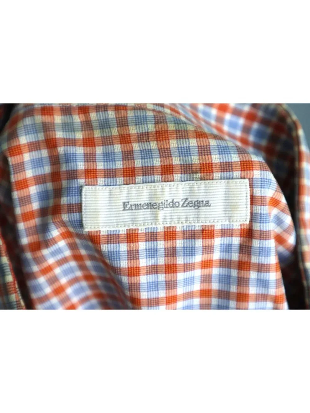 Ermenegildo Zegna Check Dress Shirt L Orange Blue Button Front Made in Italy